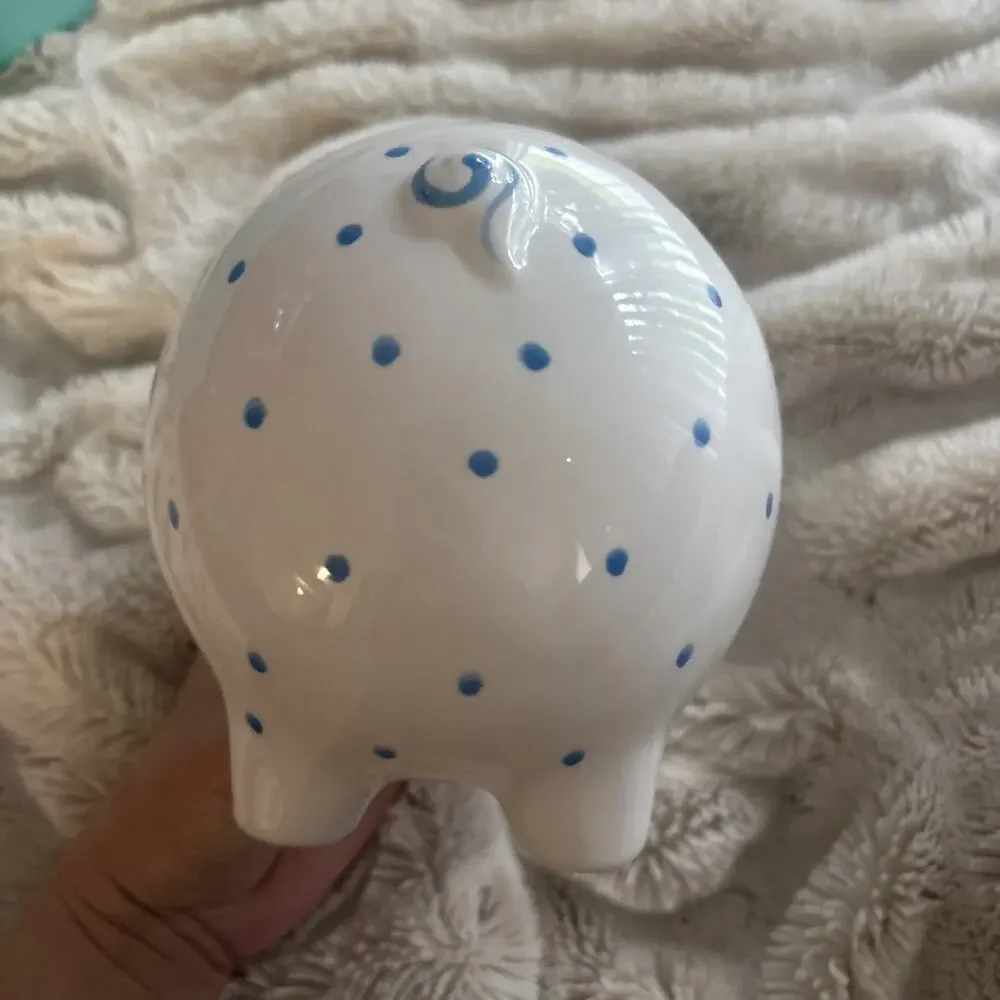 Tiffany & Co. Handpainted Ceramic Piggy Bank White Blue Polka Dots (Retired)